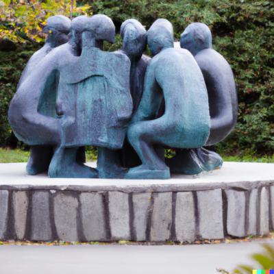 Sculpture of people huddled together working on a project