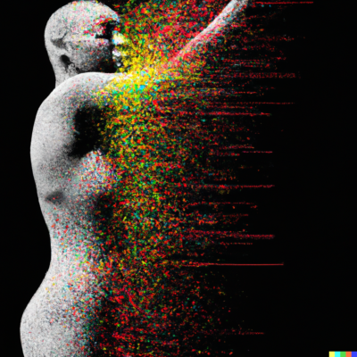 A person with colorful particles coming out of their body