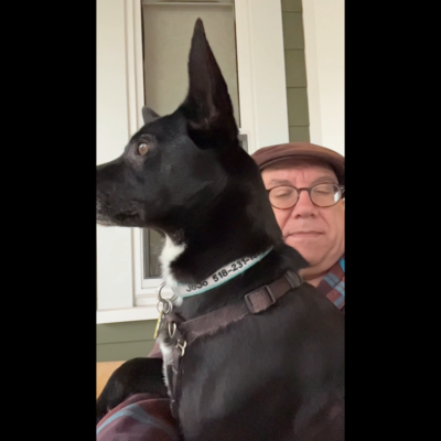 A person sitting in a chair with a dog