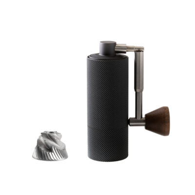 A black cylinder coffee grinder with a wooden handle