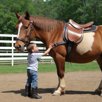 Horse petted by boy