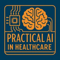 Logo for 'Practical AI in Healthcare' featuring an orange brain and circuit chip inside a rounded square on a blue background.